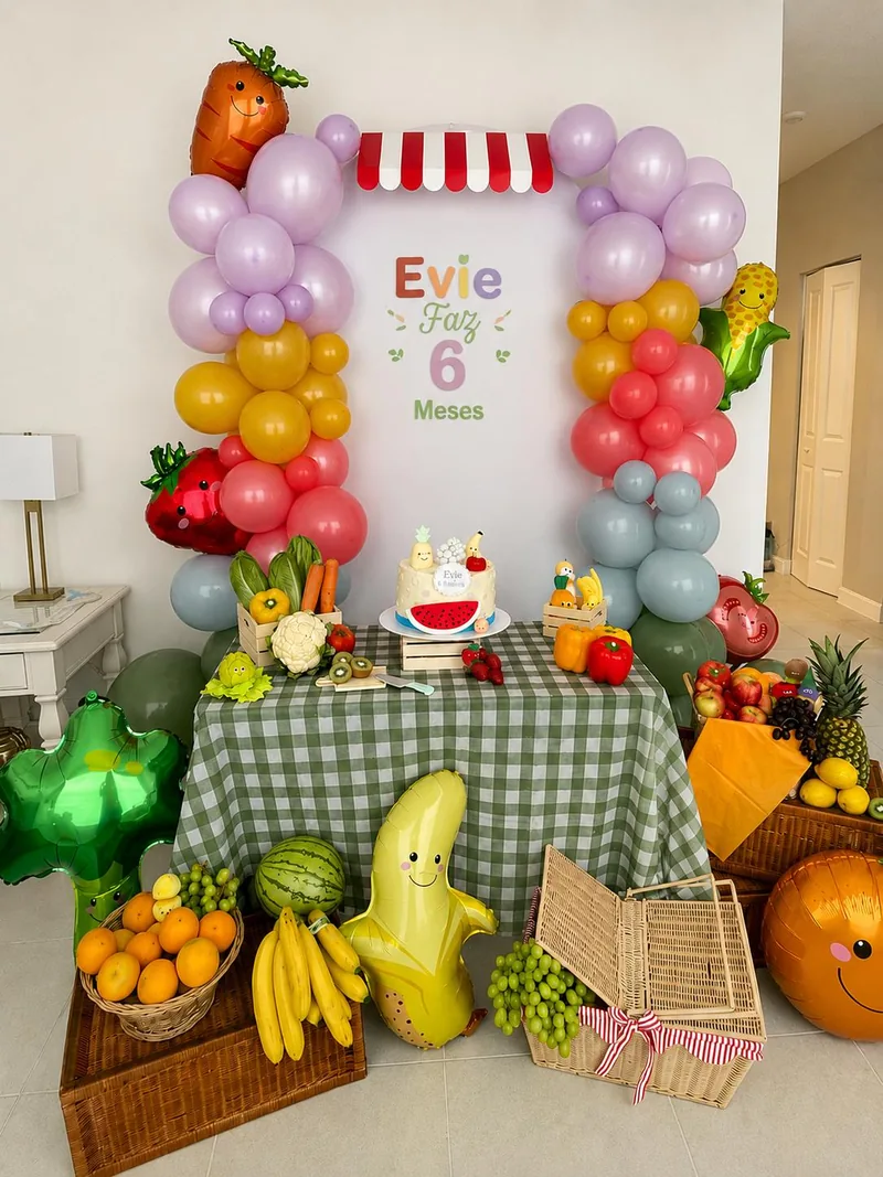 A produce-market party setup with colorful balloons, baskets of fruit, vegetable props and a green gingham dessert table.