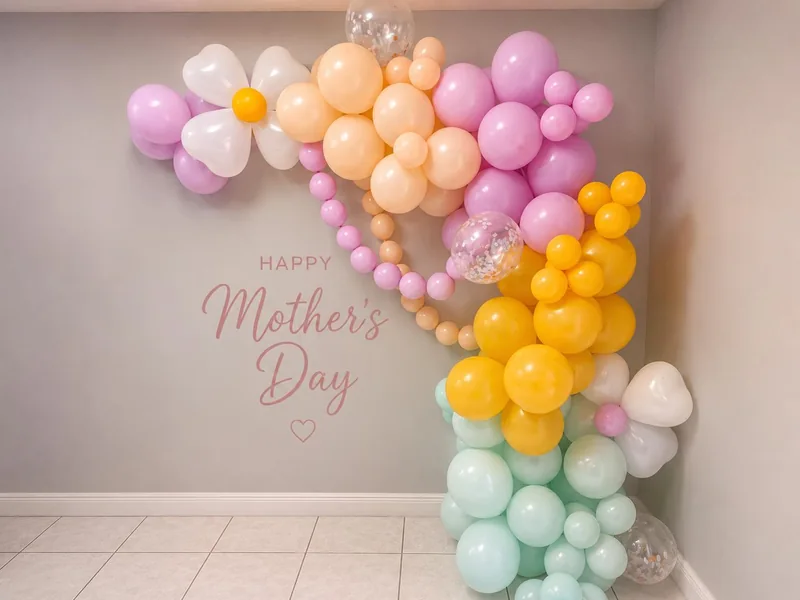 Pastel balloon garland with large balloon daisies around a Mother's Day backdrop.