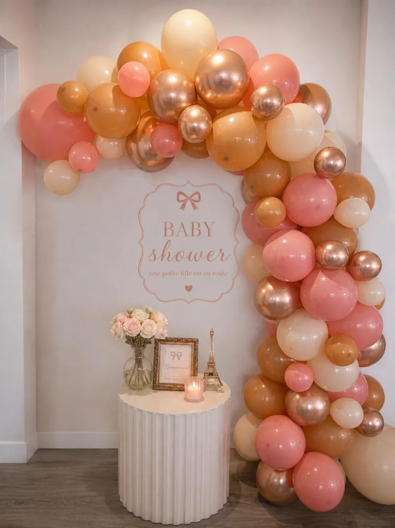 Peach, pink and cream balloon garland framing a Parisian baby shower backdrop with flowers and an Eiffel Tower detail.