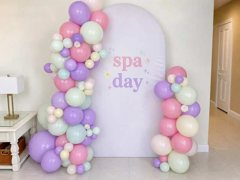 Pink, lavender and mint balloons with small daisy accents around a spa day arch backdrop.
