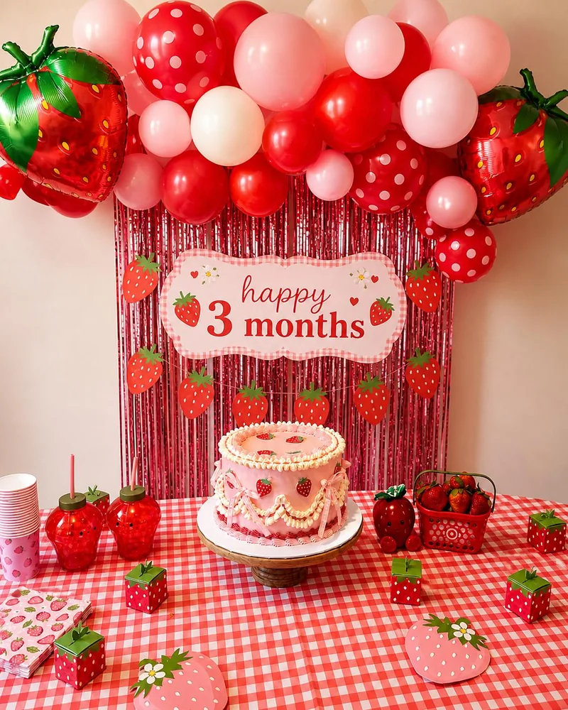 Red and pink balloons, strawberry props and a gingham dessert table for a three-month celebration.